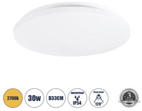 GloboStar® CELANO 61010 LED Πλαφονιέρα Οροφής Στρόγγυλη Φ33 30W 2700lm 120° AC 220-240V Αδιάβροχη IP54 Φ33 x Υ6cm Θερμό Λευκό 2700K - 3 Χρόνια Εγγύηση