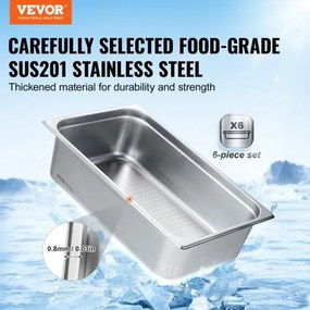 VEVOR 6 Pack Full Size Hotel Pans Steam Table Pan Stainless Steel 6" Deep