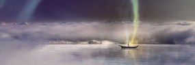 Εικόνα βόρειο σέλας και βάρκα σε μια παγωμένη λίμνη - 135x45