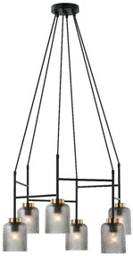 Φωτιστικό Κρεμαστό Ø66 εκ.Εξάφωτο 6xE27 Μέταλλο Μαύρο-Φυμέ Ταγιέ Γυαλί &amp; Χρυσή Λεπτομέρεια Viokef Zac 4247100