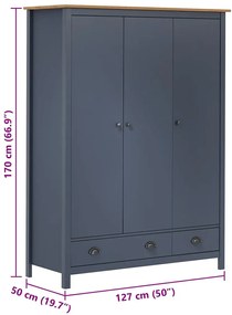 vidaXL Ντουλάπα Hill Τρίφυλλη Γκρι 127x50x170 εκ. Μασίφ Ξύλο Πεύκου