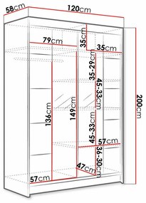 Ντουλάπα Atlanta 151, Άσπρο, 200x120x58cm, 111 kg, Πόρτες ντουλάπας: Ολίσθηση, Αριθμός ραφιών: 5, Αριθμός ραφιών: 5 | Epipla1.gr