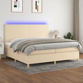 Κρεβάτι Boxspring με Στρώμα &amp; LED Κρεμ 200x200 εκ. Υφασμάτινο - Κρεμ