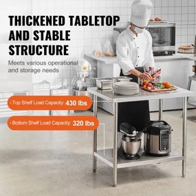 VEVOR Stainless Steel Work Prep Table Commercial Worktable Food Prep 24x36x34in