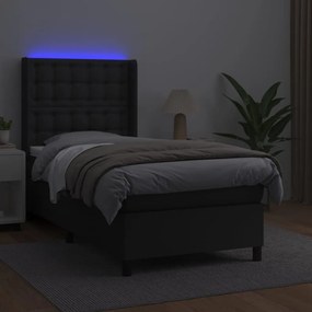 vidaXL Κρεβάτι Boxspring με Στρώμα &amp; LED Μαύρο 90x200 εκ. Συνθ. Δέρμα