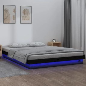 vidaXL Πλαίσιο Κρεβατιού με LED Μαύρο 135x190 εκ. Διπλό Μασίφ Ξύλο