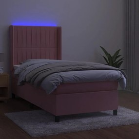 Κρεβάτι Boxspring με Στρώμα &amp; LED Ροζ 90x200 εκ. Βελούδινο - Ροζ