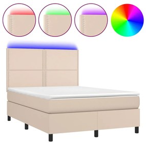 vidaXL Κρεβάτι Boxspring Στρώμα&LED Καπουτσίνο 140x200 εκ. Συνθ. Δέρμα