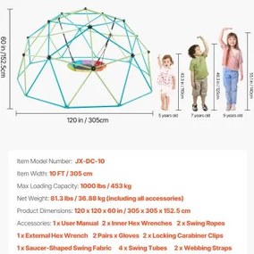 VEVOR Climbing Dome 10FT Geometric Dome Climber with Saucer Swing 1000LBS Loads