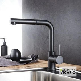Armando Vicario Fluo Μπαταρία Κούζινας θερμομικτική με περιστρεφόμενο ρουξούνι &amp; συρόμενο ντους Black matt