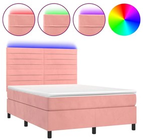 Κρεβάτι Boxspring με Στρώμα &amp; LED Ροζ 140x190 εκ. Βελούδινο - Ροζ