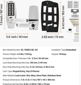 VEVOR Mechanical Keyless Entry Door Lock 14 Key Mechanical Door Lock with Key