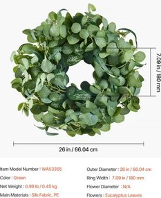 VEVOR Artificial Decorative Wreath 26 in Green Eucalyptus Leaves Year Round