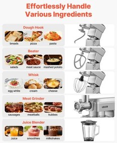 VEVOR Stand Mixer, 4.3 L Electric Kitchen Mixer, 1300W Dough-Mixer, 6+P Speeds Tilt-head Food-Mixer with 1.5 L Blender Cup, Stainless Steel Bowl, Dough Hook, Whisk, Beater, for Baking, Mixing, Silver