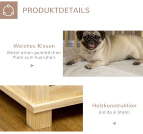 PawHut Κλουβί σκύλου με κλειδαριά και μαξιλάρι, 82,5 cm x 57 cm x 72 cm, φυσικό ξύλο + κρεμ λευκό