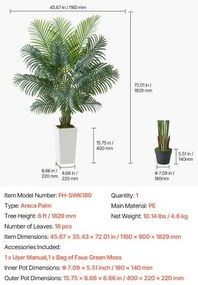 VEVOR 1829 mm Artificial Areca Palm Tree Faux Plant in Pot for Home Office