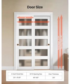 VEVOR Sliding Closet Door, 1219mm (Double 635mm) x 2032 mm, 5-Lite Frosted Glass Bypass Sliding Doors with Hardware Kit, Solid Wood &amp; MDF Slab with Waterproof PVC Surface for Closets Bedrooms