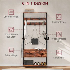 Κρεμάστρα HOMCOM με παπουτσοθήκη, βάση παλτών με πάγκο, 10 γάντζους, 2 υφασμάτινα συρτάρια, ράβδο ρούχων, μοριοσανίδα, μέταλλο, καφέ