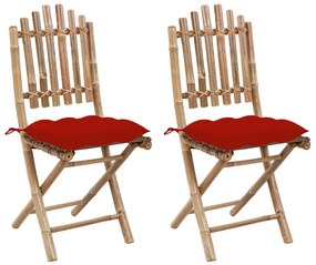 Καρέκλες Κήπου Πτυσσόμενες 2 τεμ. από Μπαμπού με Μαξιλάρια - Κόκκινο