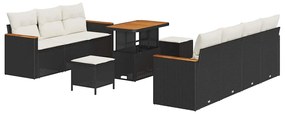 vidaXL σετ κήπου 10 τεμαχίων  με μαξιλάρια, μαύρο poly rattan και ακακία