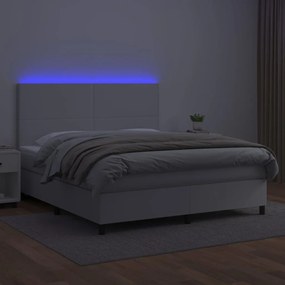 Κρεβάτι Boxspring με Στρώμα &amp; LED Λευκό 180x200 εκ. Συνθ. Δέρμα - Λευκό