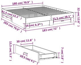 Πλαίσιο Κρεβατιού με Συρτάρια Μαύρο 180x200 εκ Επεξεργ. Ξύλο - Μαύρο