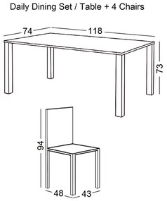 Set DAILY K/D (Τρ.118x74cm+4 Καρ) Άσπρο/Φυσικό