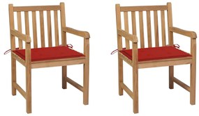 vidaXL Καρέκλες Κήπου 2 τεμ. από Μασίφ Ξύλο Teak με Κόκκινα Μαξιλάρια