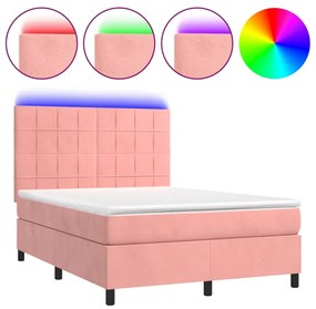 vidaXL Κρεβάτι Boxspring με Στρώμα & LED Ροζ 140x200 εκ. Βελούδινο