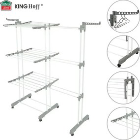 Στεγνωτήριο ρούχων Kinghoff KH 2044, 30 μ., έως 30 κιλά, 3 επίπεδα, ροδάκια, χάλυβας, λευκό/γκρι