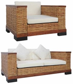 vidaXL Σετ Σαλονιού 2 Τεμαχίων Καφέ από Γνήσιο Ρατάν με Μαξιλάρια