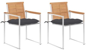 vidaXL Καρέκλες Κήπου 2 τεμ. από Μασίφ Ξύλο Teak/Ατσάλι με Μαξιλάρια