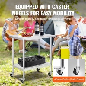 VEVOR Stainless Steel Work Table Commercial Prep Table 24x36 Inch With 4 Casters