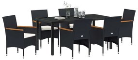 vidaXL Σέτ φαγητού για κήπο με μαξιλάρι 7 pcs Μαύρο Πολυ ράταν