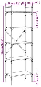 Βιβλιοθήκη 5 Επιπέδων Καπνιστή Δρυς 56x31,5x174εκ. Επεξ. Ξύλο - Καφέ