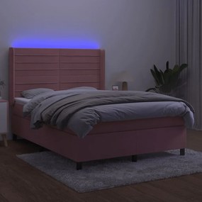 vidaXL Κρεβάτι Boxspring με Στρώμα &amp; LED Ροζ 140x190 εκ. Βελούδινο