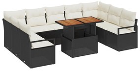 vidaXL Σετ Εξωτερικών Καναπέδων 10 τεμαχίων  με Μαξιλάρια Μαύρο Πολυ Ρατάν Ακακίας