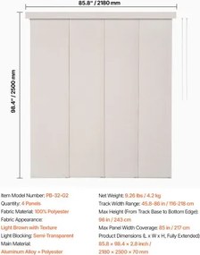 VEVOR Panel Track Blinds Extendable Track 116 to 218 cm W Trimmable Light Brown