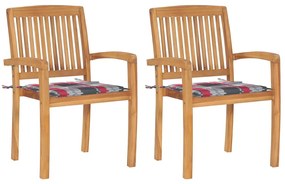 vidaXL Καρέκλες Κήπου 2 τεμ. από Ξύλο Teak με Κόκκινα Καρό Μαξιλάρια