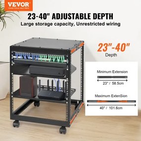 VEVOR 12U Open Frame Server Rack, 15&#039;&#039;-40&#039;&#039; Adjustable Depth, Free Standing or Wall Mount Network Server Rack, 4 Post AV Rack with Casters, Holds All Your Networking IT Equipment AV Gear Router Modem