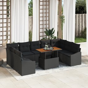vidaXL Σετ Τραπεζαρίας Κήπου 10 Τεμαχίων με Μαξιλάρια Μαύρο Πολυ Ράτανα Ακακίας
