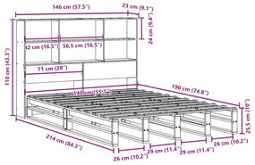 Κρεβάτι Βιβλιοθήκη Χωρίς Στρώμα 140x190 εκ Μασίφ Πεύκο - Καφέ