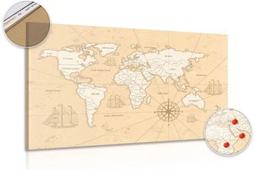 Εικόνα ενός ενδιαφέροντος μπεζ παγκόσμιου χάρτη σε έναν φελλό - 120x80  wooden