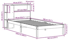 Κρεβάτι Βιβλιοθήκη Χωρίς Στρώμα 90x200 εκ. Μασίφ Ξύλο Πεύκου - Καφέ