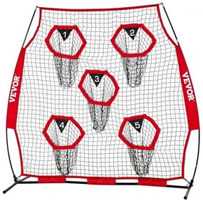 VEVOR 1828.8x1828.8mm Football Trainer Throwing Net, Training Throwing Target Practice Net with 5 Target Pockets, Knotless Net Includes Straps and Portable Carry Case, Improve QB Throwing Accuracy,Red