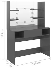 Έπιπλο Μακιγιάζ με Φωτισμό LED Λαμπερό Γκρι 100x40x135 εκ. MDF - Γκρι