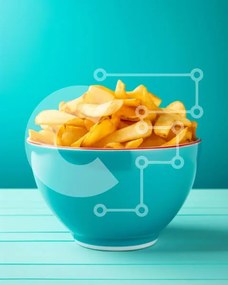 Σετ των 2 Intra Συλλεκτικό Ξύλινο Παζλ Plywood  4mm - Μπολ με τηγανιτές πατάτες σε ένα μπλε τραπέζι Σε Ξύλινο Κουτί - Διαστάσεις: 10x10 cm – 25 κομμάτια