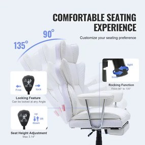 VEVOR Reclining Office Chair with Footrest, Heavy Duty PU Leather Wide Office Chair, Big and Tall Executive Office Chairs with Lumbar Support, Strong Metal Base Quiet Wheels, White