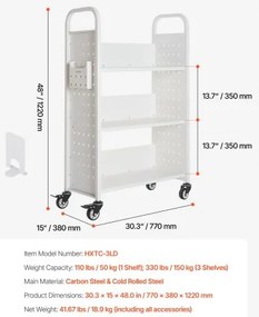 VEVOR 3-Tier Rolling Book Cart Single Sided L-Shaped Shelves Book Truck in White