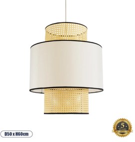 01917 GloboStar® SAIGE 01917 Boho Κρεμαστό Φωτιστικό Πλέγμα Μονόφωτο 1 x E27 IP20 Μπεζ Ξύλο με Μπεζ & Μαύρο Ύφασμα - Μ50 x Π50 x Υ60cm